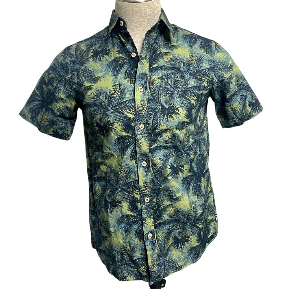 ROWM Green Blue Tropical Palms Print‎ Button Down Shirt Mens Small